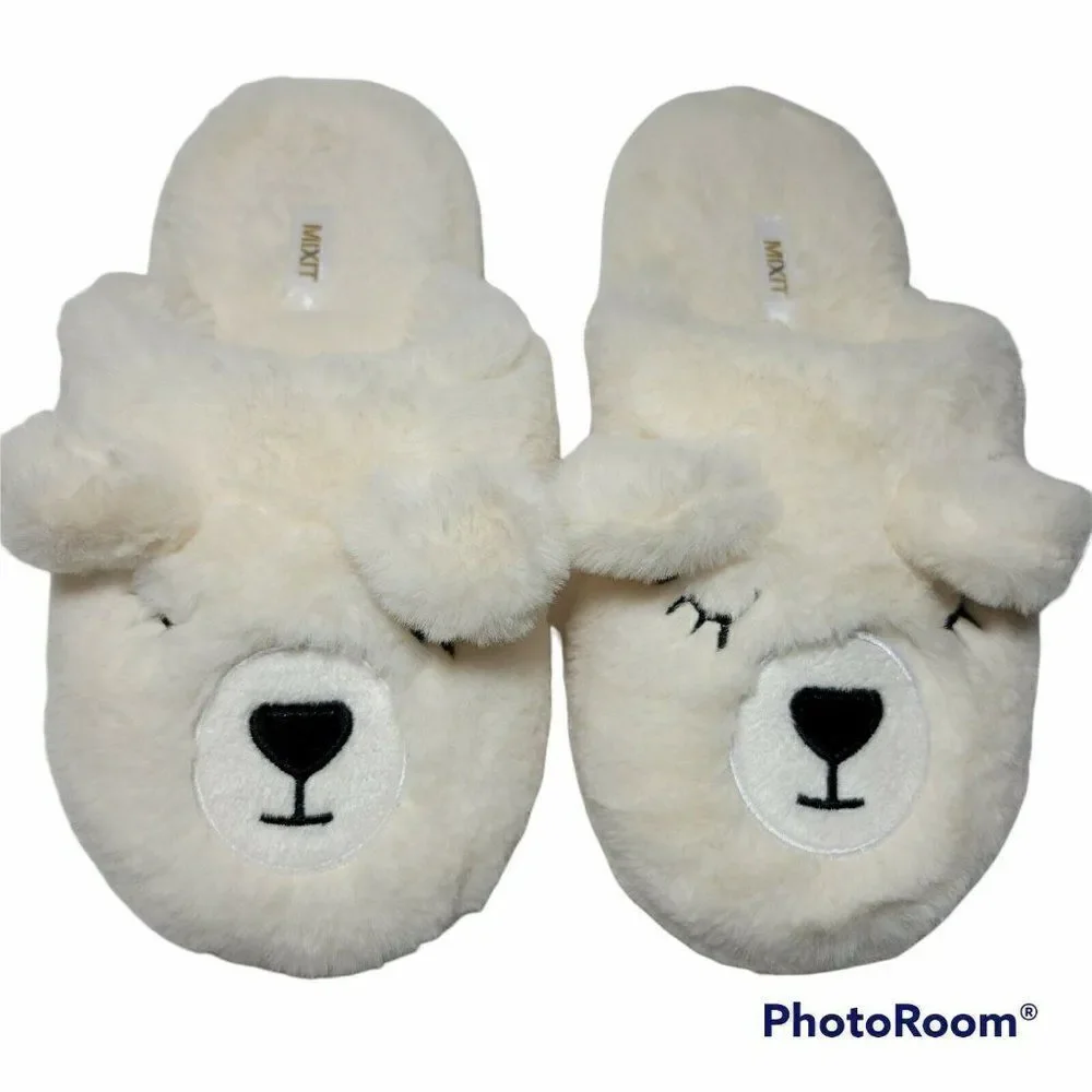 MIXIT Bear‎ Slippers Girls Size 5-6 Ivory Cream Plush Very Soft Slip On GUC